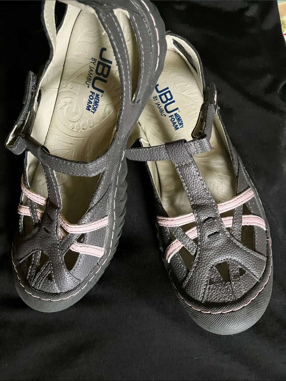 JBU Women's Gray Leather Closed-Toe Sandals with Pink Accents